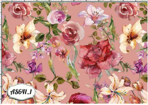Druk na tkaninie- kolorowe kwiaty na tle w kolorze różowym