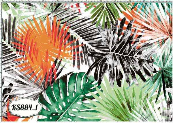 Druk na tkaninie- liście palm i monstery w pomarańczu, zieleni i czerni