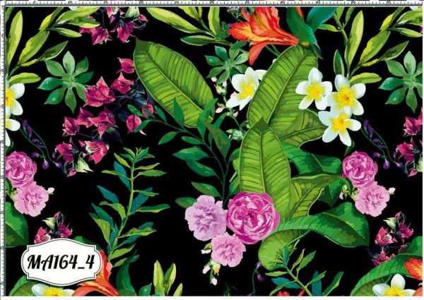 Druk na tkaninie- tropikalne, kolorowe kwiaty i liście na czerni