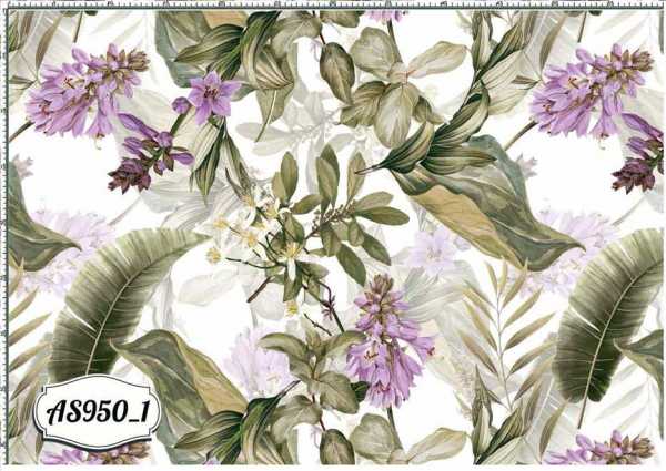 Zdjęcie prezentujące wzór do nadruku na tkaninach i dzianinach w fioletowe kwiaty i liście palmowe w odcieniach zieleni na białym tle