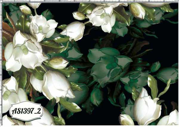 Druk na tkaninie- białe magnolie na tle w odcieniach zieleni butelkowej