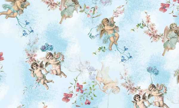 Druk na tkaninie- aniołki i kwiaty na błękitnym tle