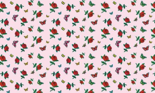 Druk na tkaninie- czerwone róże oraz motyle na różowym tle