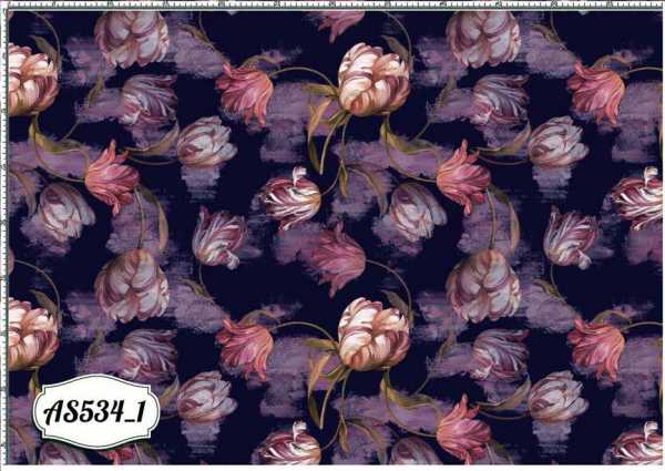 Druk na tkaninie- różowe tulipany na cieniowanym fiolecie