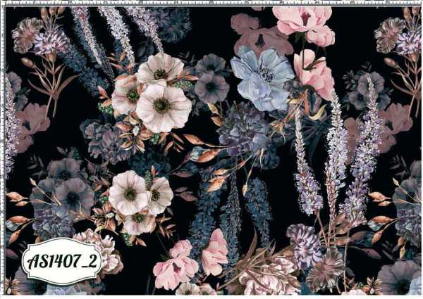 Druk na tkaninie- kwiaty  odcieniach różu i fioletu na ciemnym tle