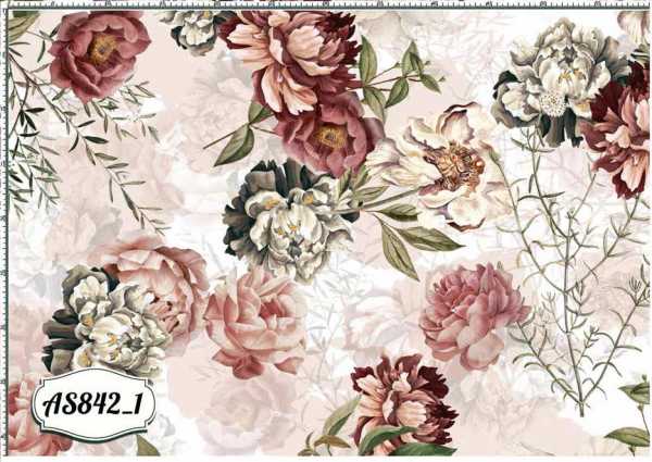 Druk na tkaninie- peonie i róże w odcieniach szarości i pudrowego różu
