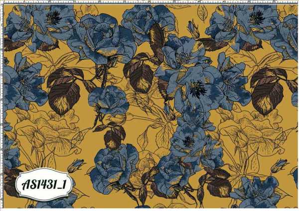 Druk na tkaninie- abstrakcyjne kwiaty w odcieniach koloru żółtego, niebieskiego i brązu