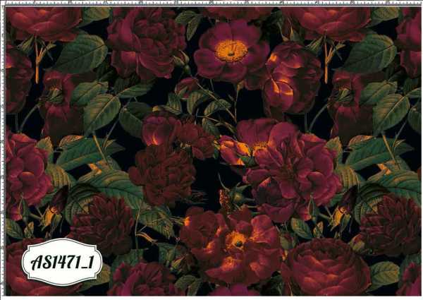 Druk na tkaninie- czerwone róże z liśćmi na czarnym tle
