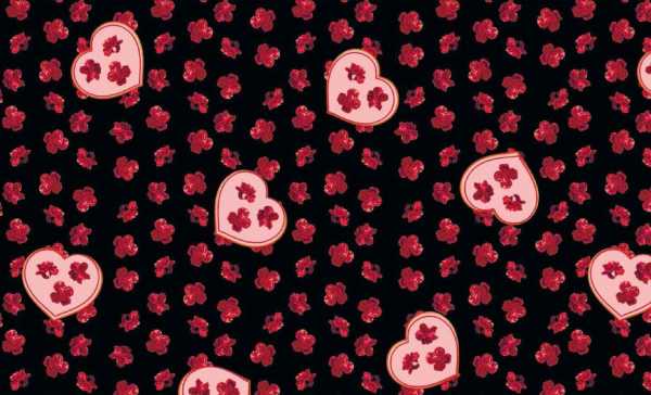 Druk na tkaninie- czerwone goździki i różowe serca na czerni