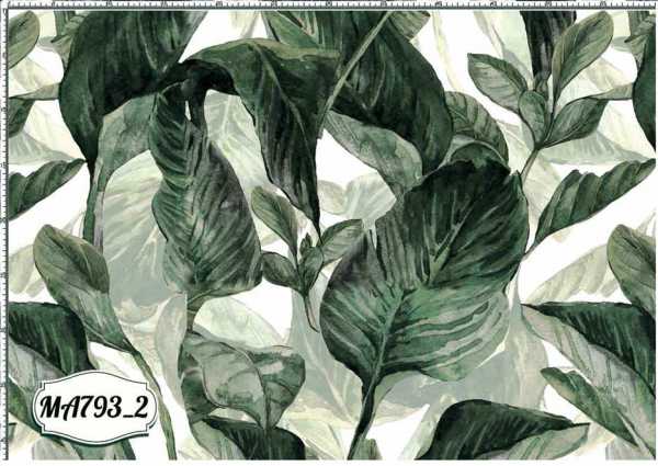 Druk na tkaninie- ozdobne liście w kolorze ciemnej zieleni na białym tle