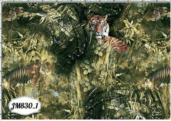 Druk na tkaninie- tygrysy na tle roślinności dżungli 