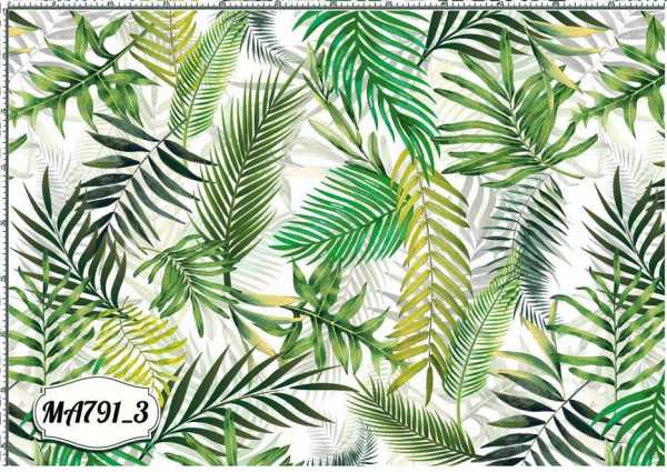 Druk na tkaninie- liście palm w różnych odcieniach zieleni na tle w kolorze białym