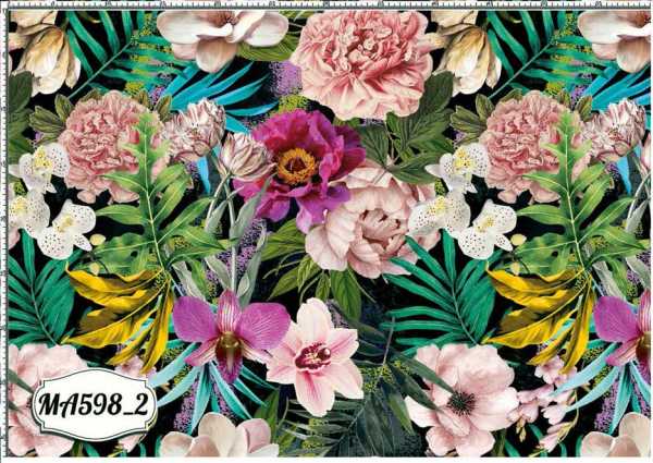 Druk na tkaninie- egzotyczne, kolorowe kwiaty i liście na czarnym tle