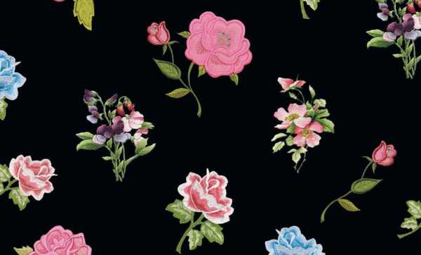 Druk na tkaninie- haftowane kolorowe róże na czerni