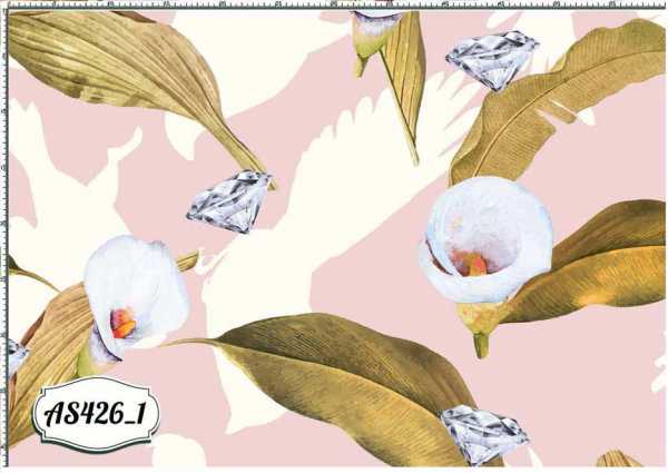 Druk na tkaninie- kwiaty cantedeskia, diamenty i ptaki na różowym tle