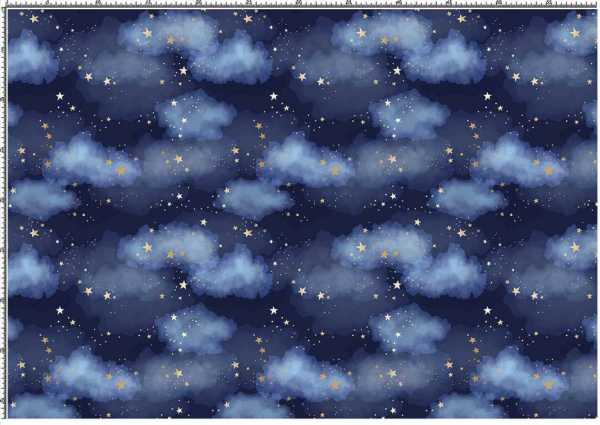 Druk na tkaninie- nocne niebo z gwiazdami i obłokami