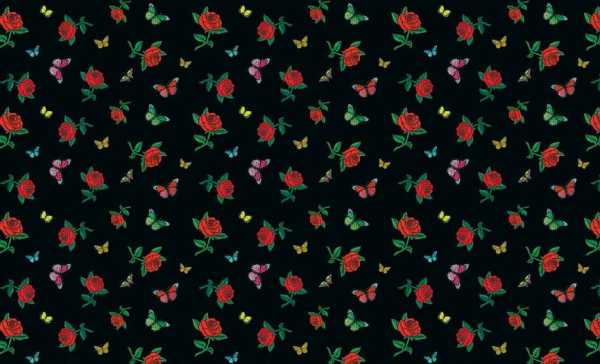 Druk na tkaninie- czerwone róże i kolorowe motyle na czerni