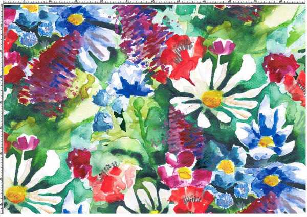 Druk na tkaninie- malowane, kolorowe kwiaty polne
