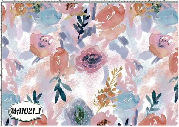 Druk na tkaninie- malowane kwiaty w odcieniach czerwieni, różu i fioletu