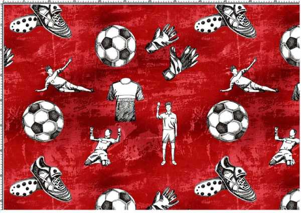 Druk na tkaninie- piłkarski z rękawicami, piłkami i graczami na czerwieni