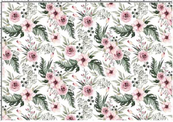 Druk na tkaninie- bukiety różowych kwiatów na bieli