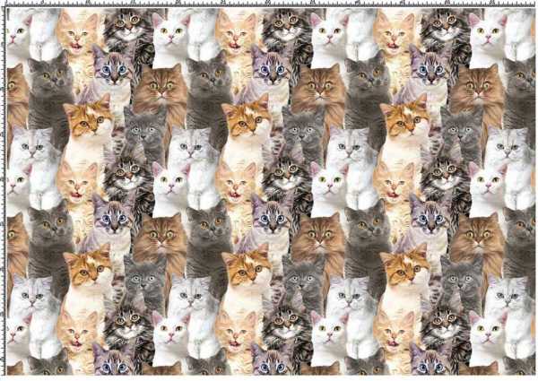 Druk na tkaninie- kolorowe koty w odcieniach szarości i brązu 
