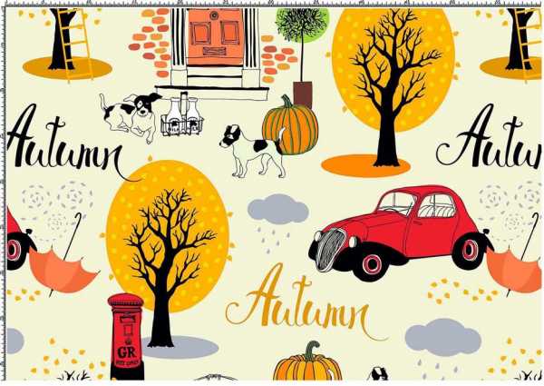 Druk na tkaninie- napis "Autumn" i motywy jesienne 