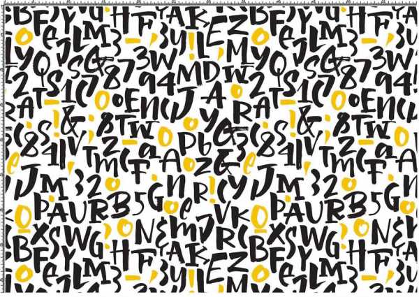 Druk na tkaninie- żółte i czarne litery oraz cyfry na bieli