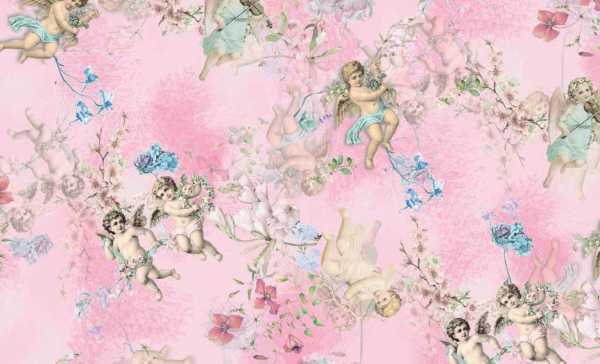Druk na tkaninie- aniołki i niebieskie kwiaty na różowym tle