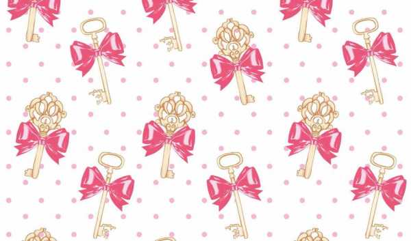 Druk na tkaninie- złote klucze z kokardkami i różowymi kropkami