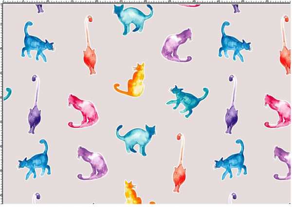 Druk na tkaninie- malowane, kolorowe koty na beżu 