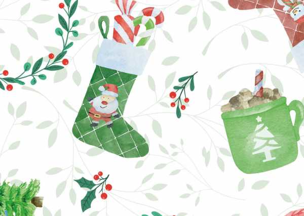 Druk na tkaninie- gałązki i świąteczna skarpeta z Mikołajem na bieli