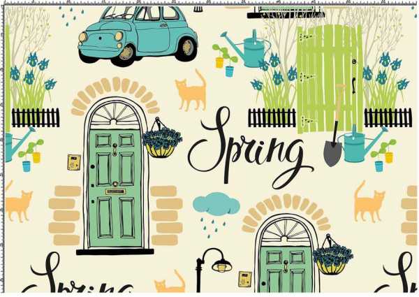 Druk na tkaninie- wiosenne kwiaty, konewki i chmurki na beżu