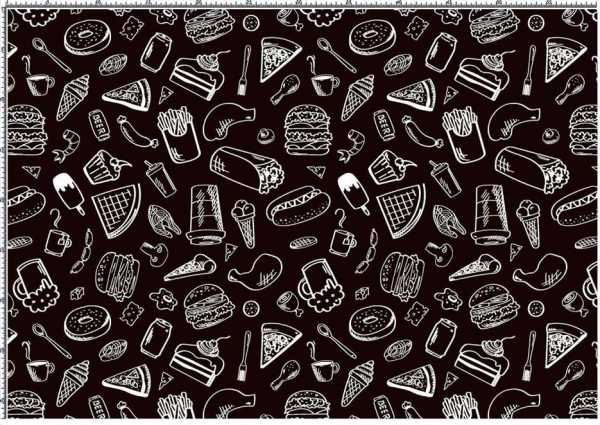 Druk na tkaninie- jedzenie fast food w kolorze czarno-białym