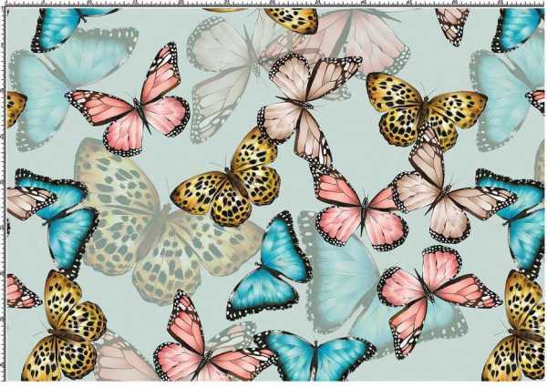 Druk na tkaninie- kolorowe motyle na błękicie