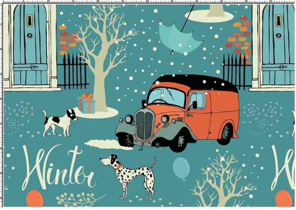 Druk na tkaninie- napis "Winter" na tle motywów zimowych