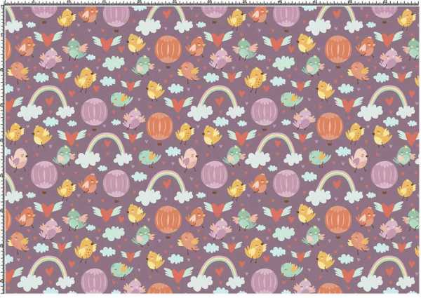 Druk na tkaninie- kolorowe ptaszki, tęcza i chmurki na fiolecie