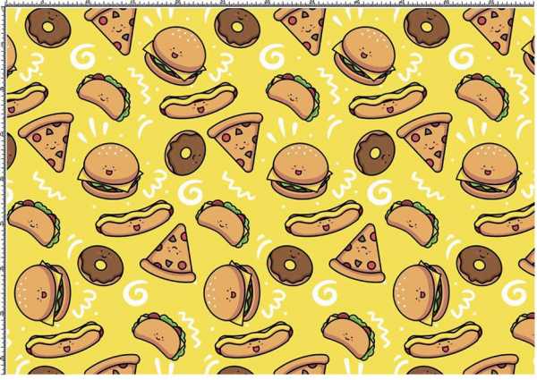 Druk na tkaninie- burgery, pizza i pączki na żółtym tle