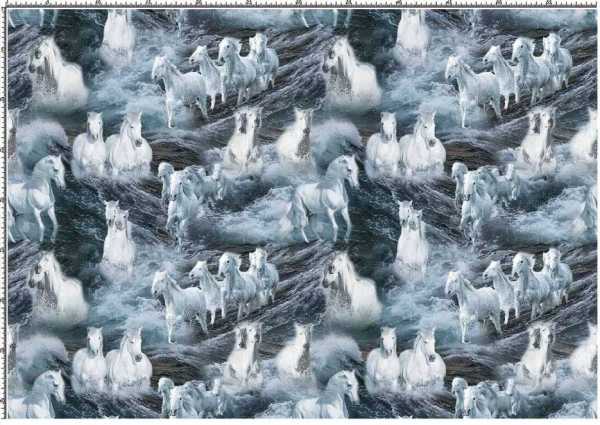 Druk na tkaninie- białe konie na morskich falach
