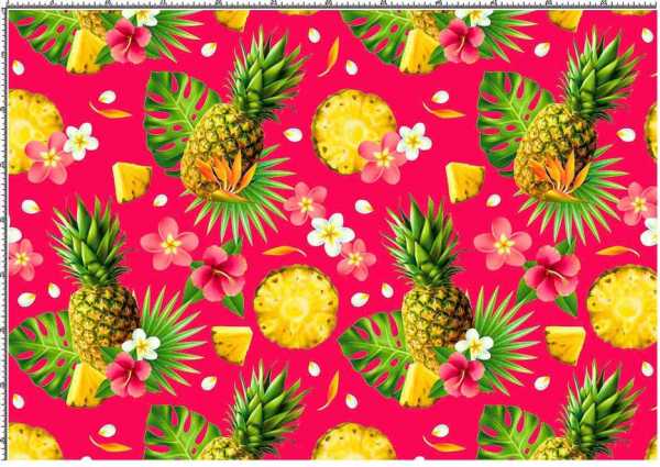 Druk na tkaninie- ananasy i liście palm na różu