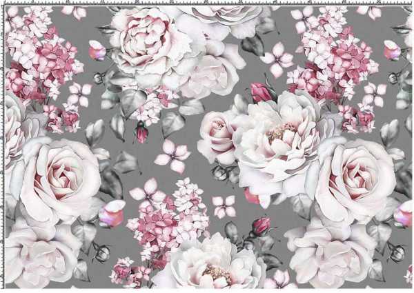 Druk na tkaninie- różowe kwiaty na szarości