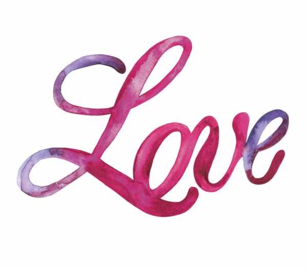Druk na tkaninie- napis "Love" w odcieniach różu i fioletu