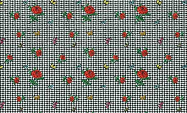 Druk na tkaninie- czerwone róże i motyle na tle z motywem pepitki 