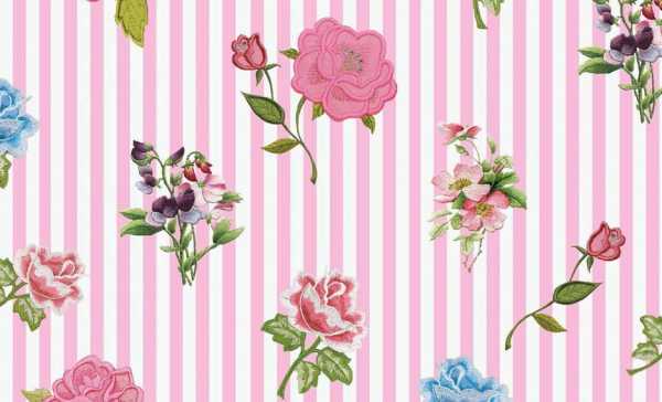 Druk na tkaninie- haftowane róże na tle w paski różowo-białe