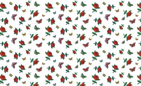 Druk na tkaninie- czerwone róże i kolorowe motyle na białym tle