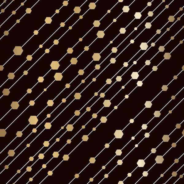 Druk na tkaninie- złote heksagony na ukośnych liniach i czarnym tle