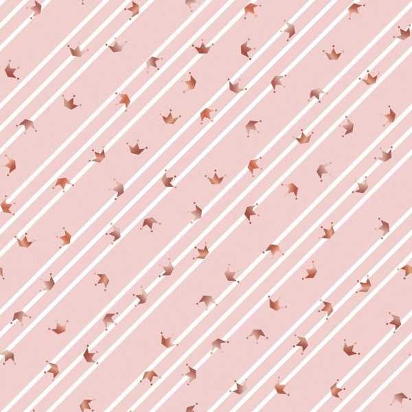 Druk na tkaninie- różowe korony na tle w biało-różowe pasy