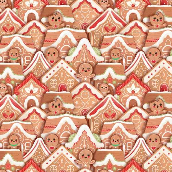 Druk na tkaninie- bożonarodzeniowe domki i ludziki z piernika