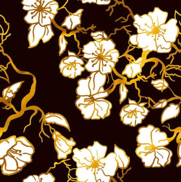 Druk na tkaninie- białe kwiaty ze złotym obrysem na czerni