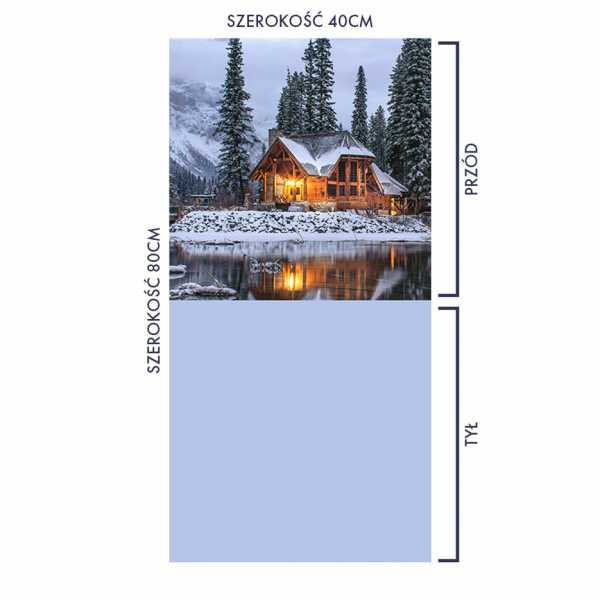Druk na tkaninie- panel na poduszki z drewnianym domkiem i zimową scenerią